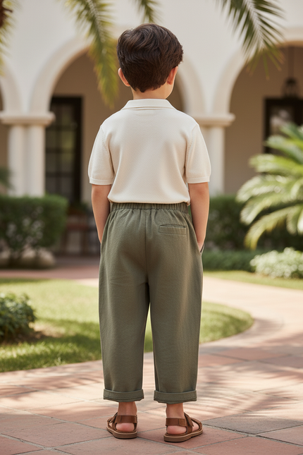 Pantalon En Lin Garçon Vert Olive Coupe Ample - Kaki - vue 2