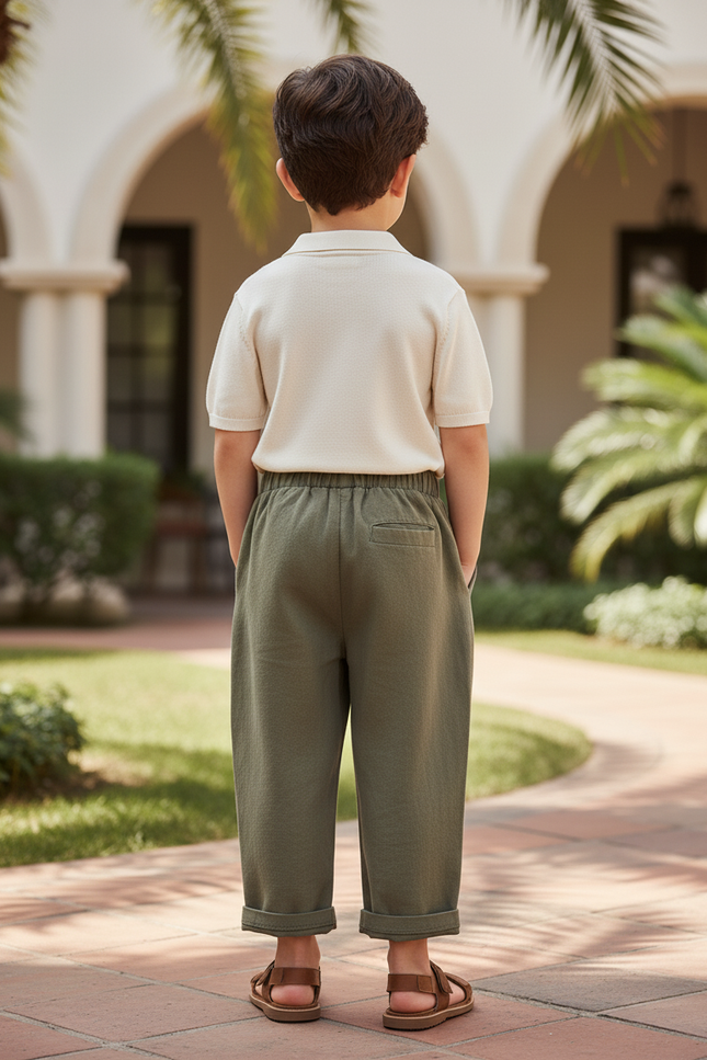 Pantalon En Lin Garçon Vert Olive Coupe Ample - Kaki - vue 2