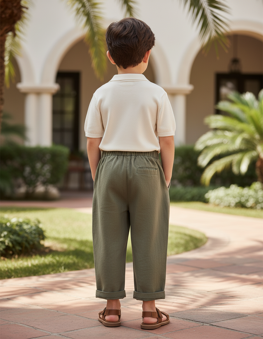 Pantalon En Lin Garçon Vert Olive Coupe Ample - Kaki - vue 2