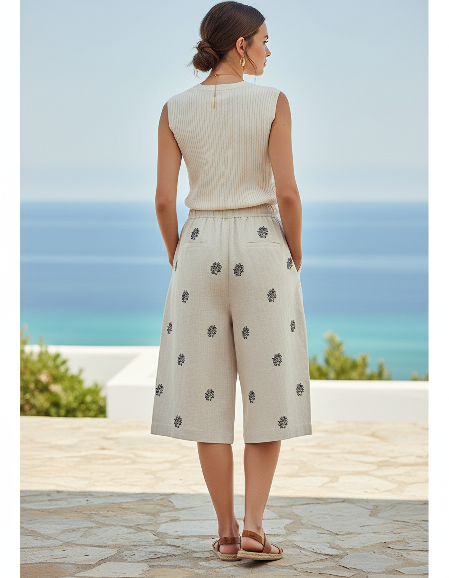 Pantalon En Lin Beige Brodé Ample Décontracté Court - vue 2