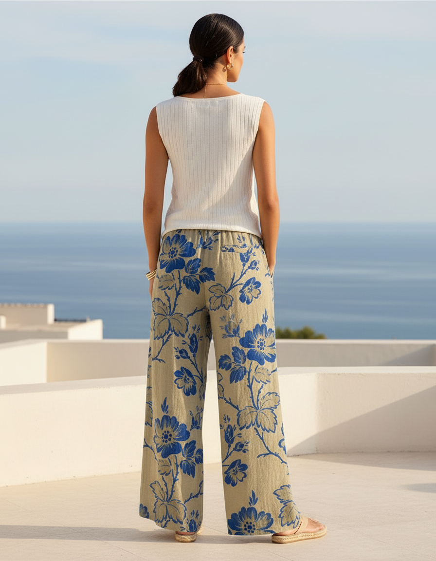 Pantalon En Lin Imprimé Floral Ample Décontracté Fluide - vue 2