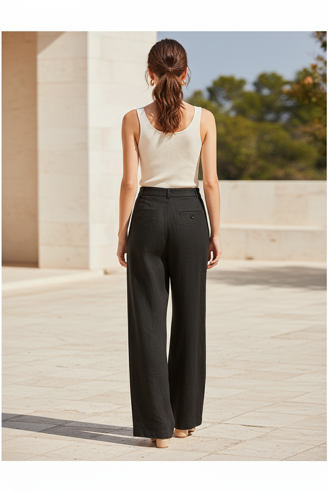Pantalon En Lin Noir Ample Taille Haute Fluide Confortable - vue 2