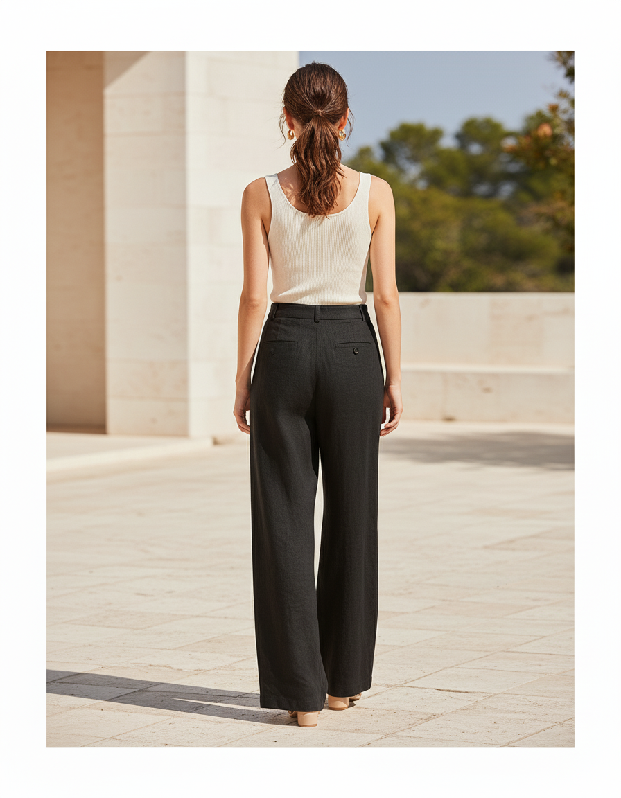 Pantalon En Lin Noir Ample Taille Haute Fluide Confortable - vue 2