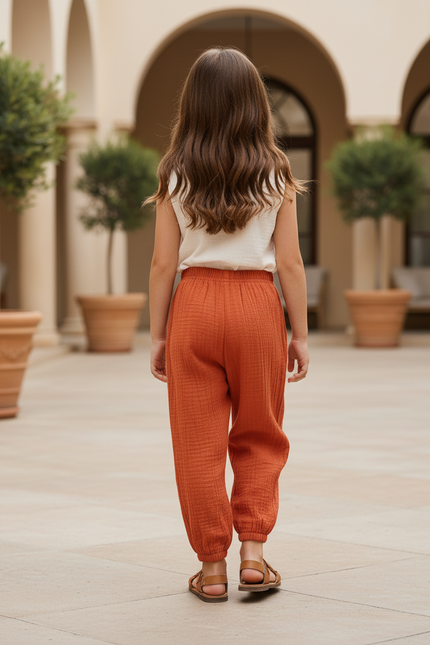 Pantalon En Lin Ample Orange Coton Respirant Enfant - vue 2