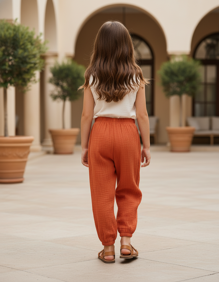 Pantalon En Lin Ample Orange Coton Respirant Enfant - vue 2