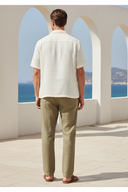 Pantalon En Lin Kaki Droit Décontracté Cordon Léger - vue 2