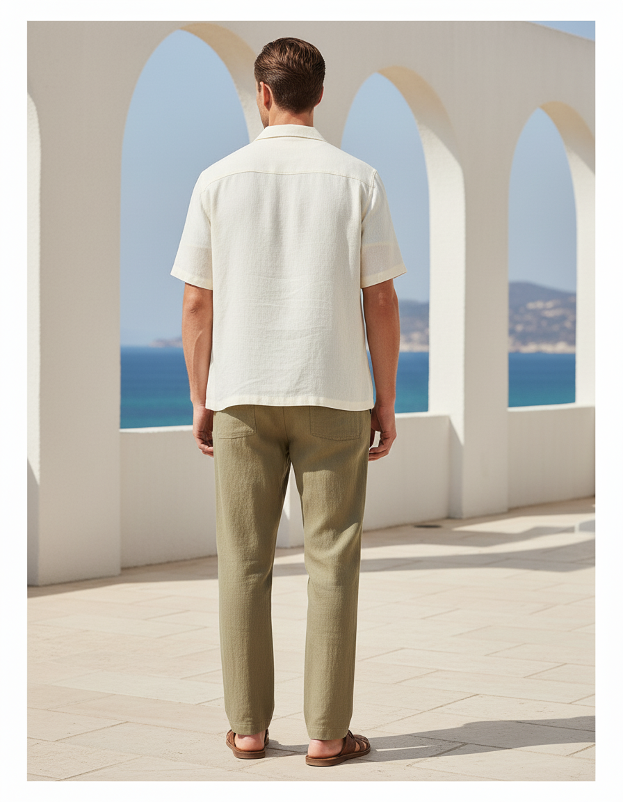 Pantalon En Lin Kaki Droit Décontracté Cordon Léger - vue 2