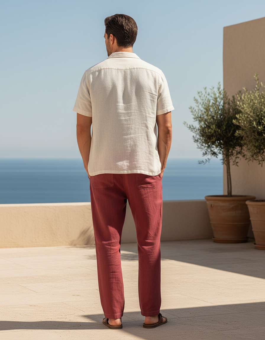 Pantalon En Lin Rouge Brique Ample Confortable Homme - vue 2