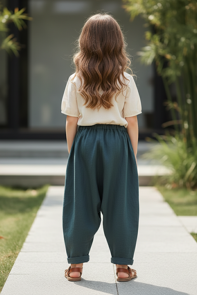 Pantalon En Lin Vert Ample Vintage Harem - vue 2