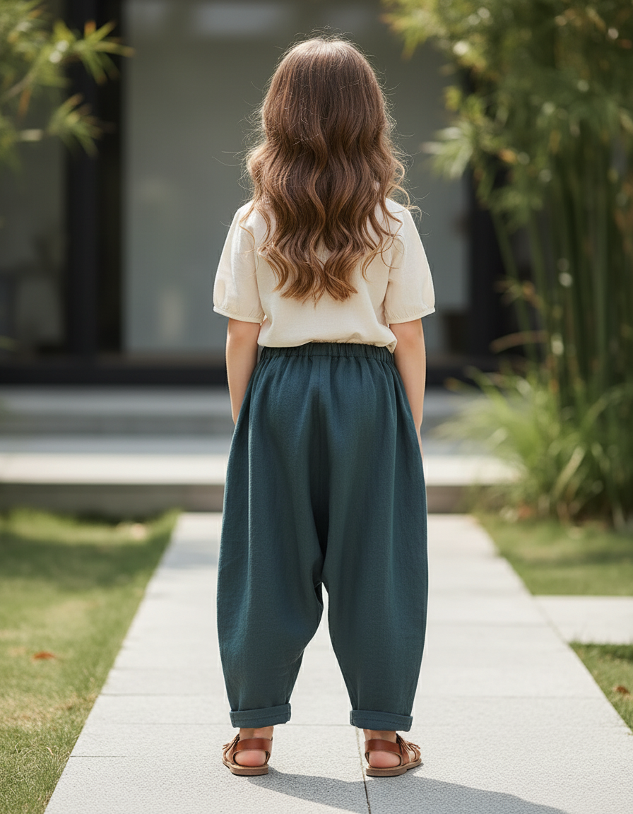 Pantalon En Lin Vert Ample Vintage Harem - vue 2