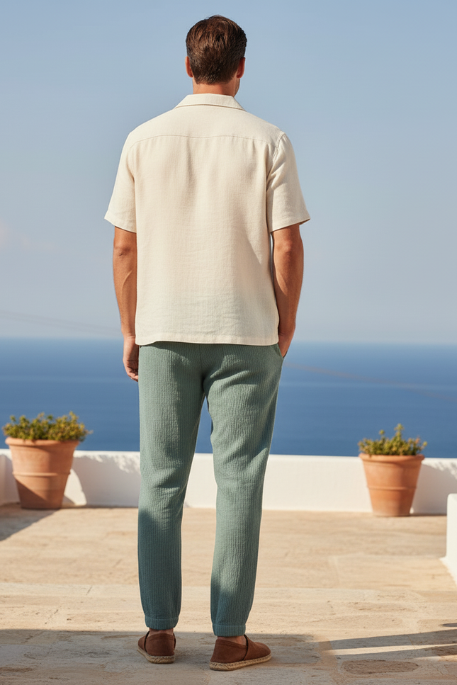 Pantalon En Lin Vert Homme Décontracté Texturé Léger - vue 2