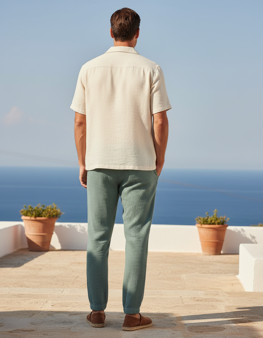 Pantalon En Lin Vert Homme Décontracté Texturé Léger - vue 2