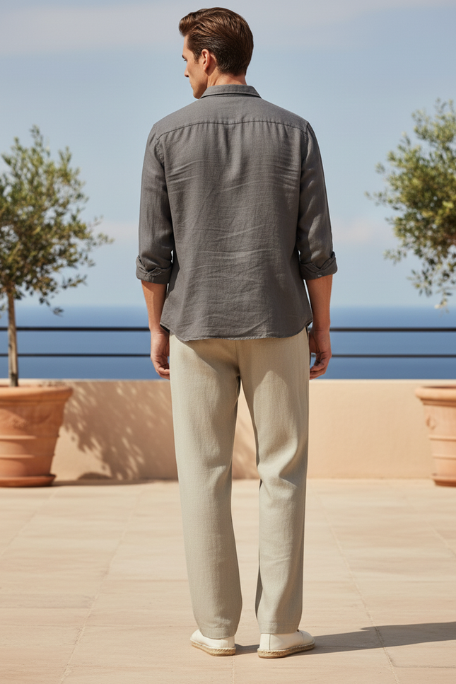 Pantalon En Lin Homme Beige Ample Droit Décontracté - vue 2