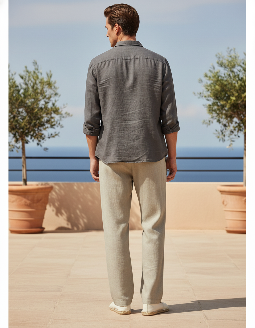 Pantalon En Lin Homme Beige Ample Droit Décontracté - vue 2