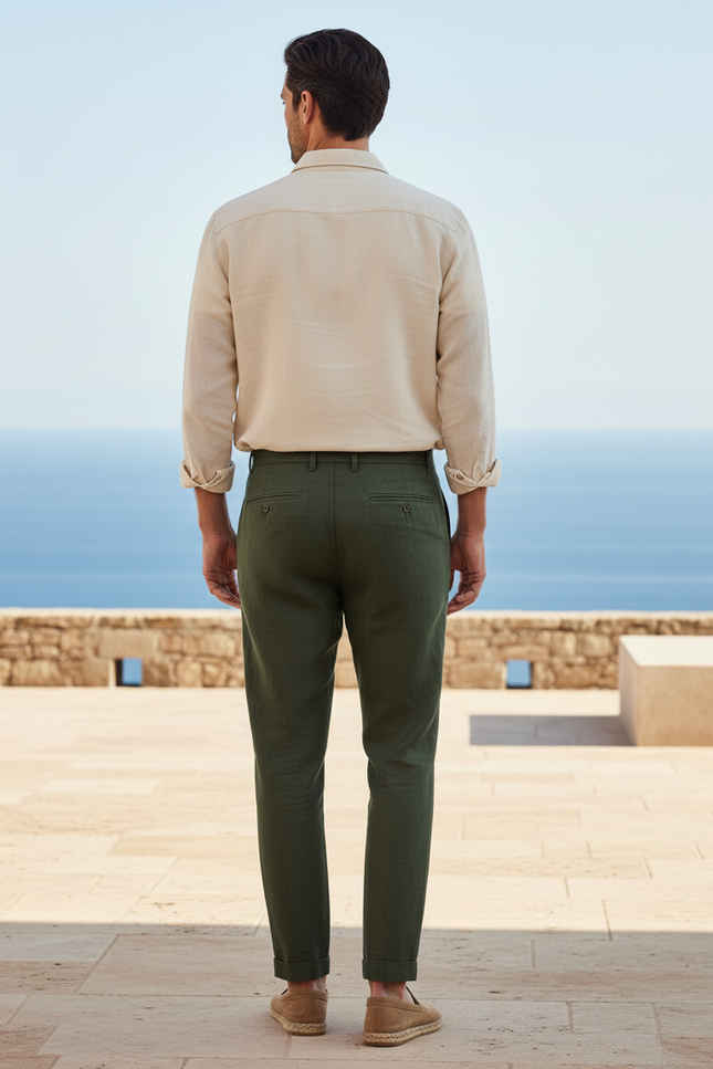 Pantalon En Lin Vert Militaire Plissé Décontracté Homme - vue 2