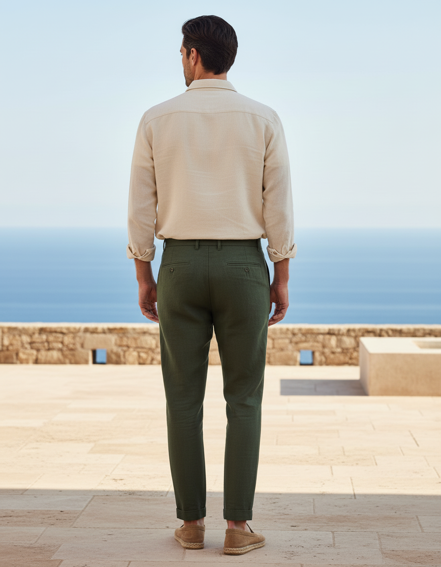 Pantalon En Lin Vert Militaire Plissé Décontracté Homme - vue 2
