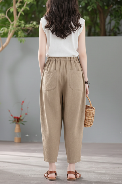 Pantalon En Lin Ample Élastiqué Décontracté Femme - Kaki - vue 2