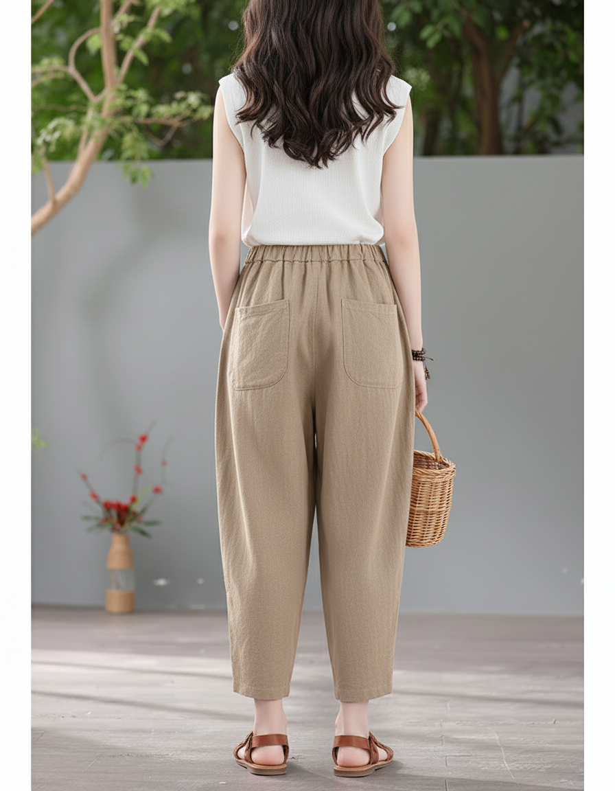 Pantalon En Lin Ample Élastiqué Décontracté Femme - Kaki - vue 2