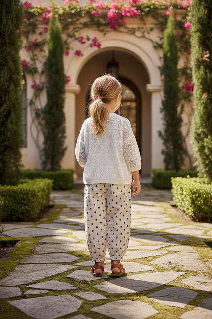 Pantalon En Lin Ample Beige À Pois Enfants - vue 2