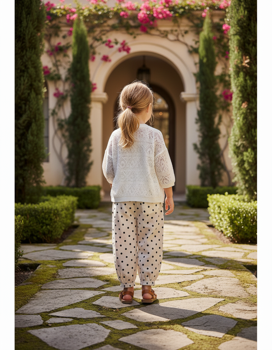Pantalon En Lin Ample Beige À Pois Enfants - vue 2