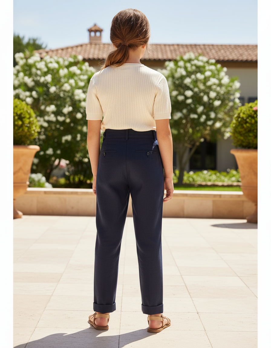 Pantalon En Lin Bleu Marine Plissé Taille Haute Enfant - vue 2