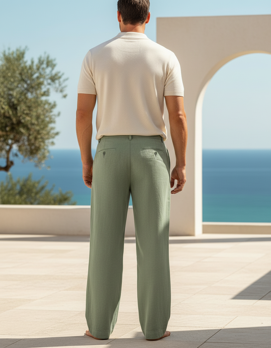 Pantalon En Lin Vert Ample Décontracté Homme Léger - vue 2