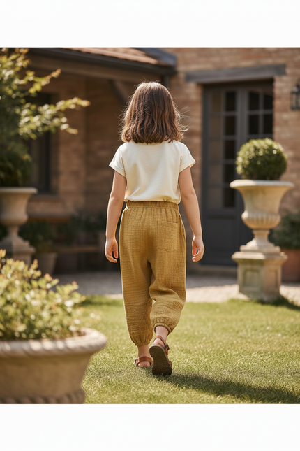 Pantalon En Lin Jaune Ample Plissé Enfant - vue 2