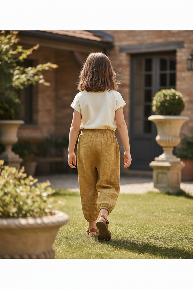 Pantalon En Lin Jaune Ample Plissé Enfant - vue 2