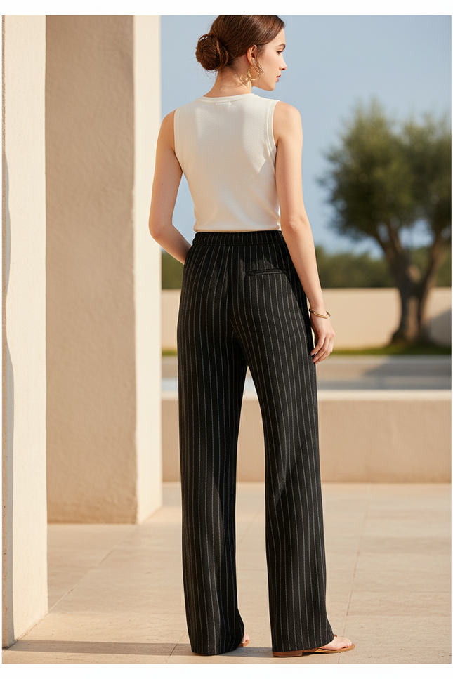 Pantalon Lin Rayures Femme - Noir - vue 2