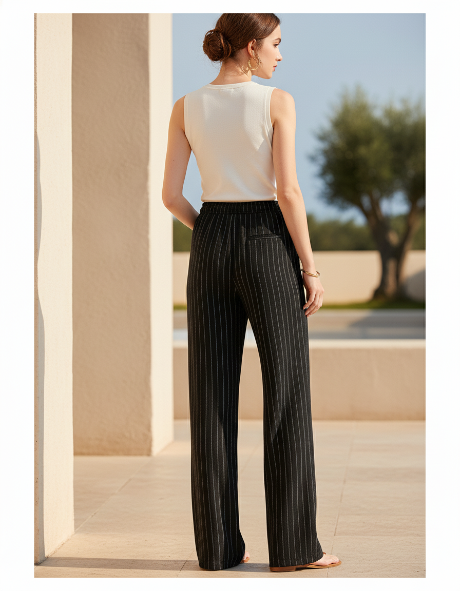 Pantalon Lin Rayures Femme - Noir - vue 2