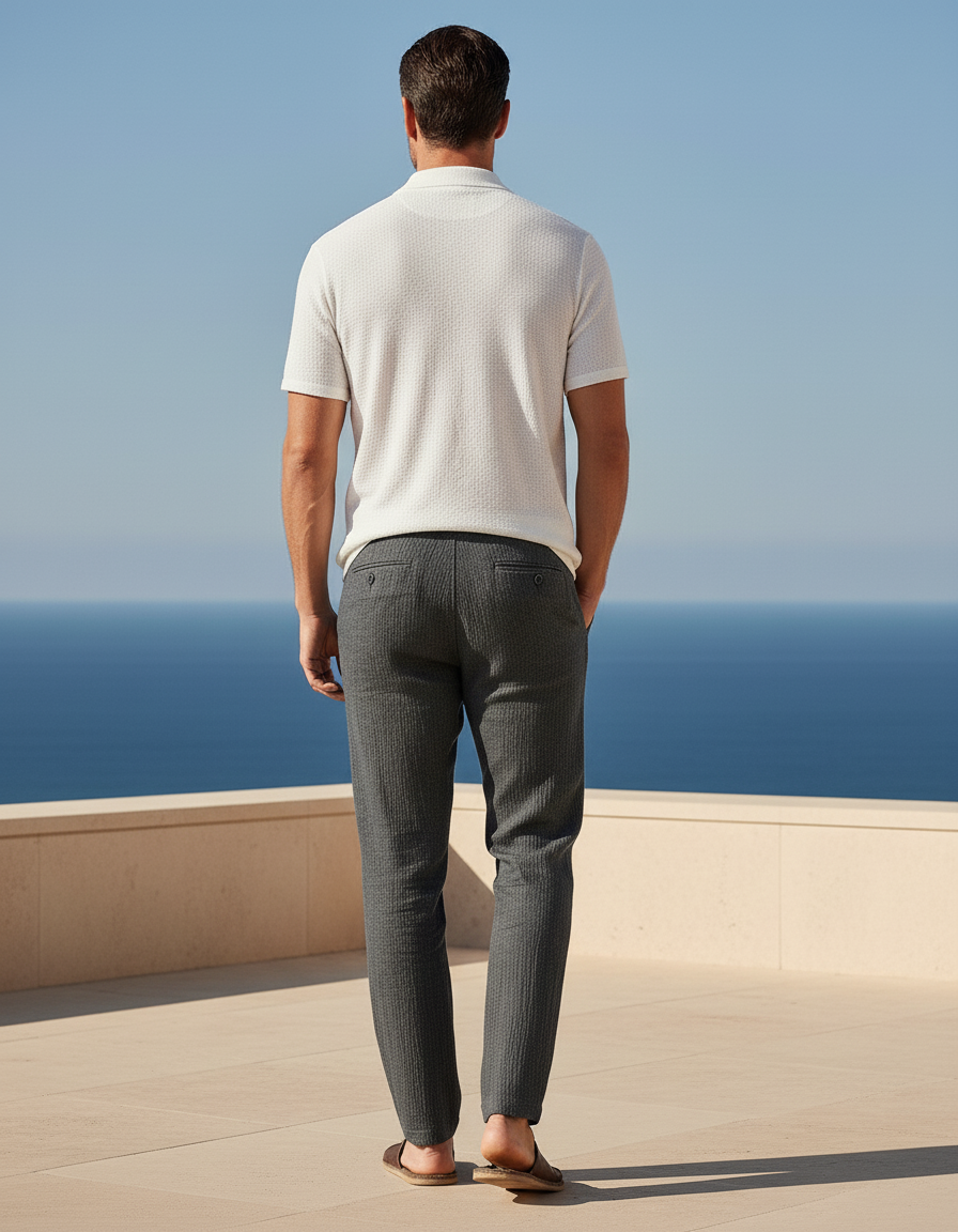 Pantalon En Lin Homme Gris Cordon Texturé Décontracté - Cordé - vue 2