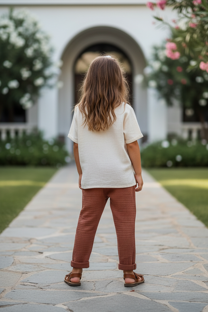 Pantalon En Lin Gaze Rustique Ample Enfant - Marron - vue 2