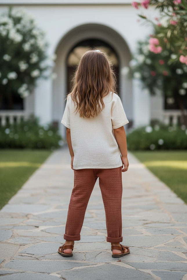 Pantalon En Lin Gaze Rustique Ample Enfant - Marron - vue 2