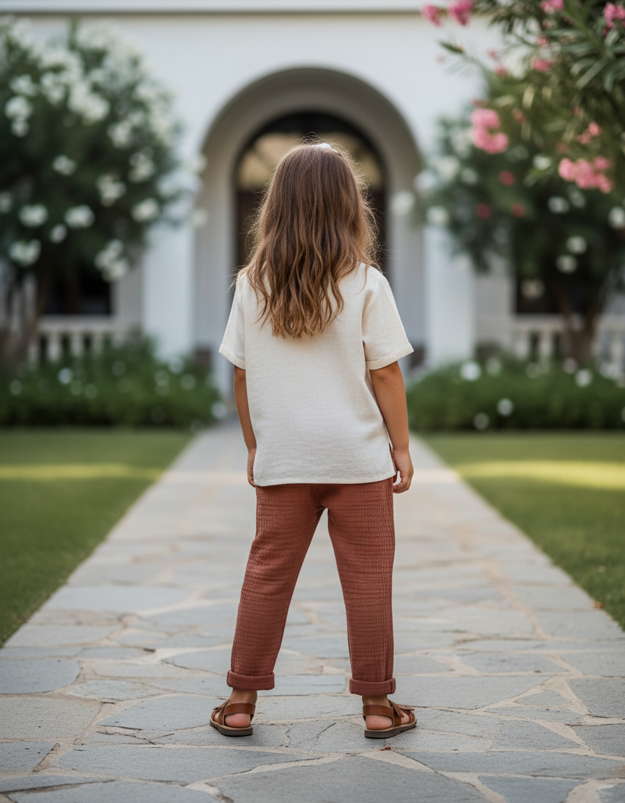 Pantalon En Lin Gaze Rustique Ample Enfant - Marron - vue 2