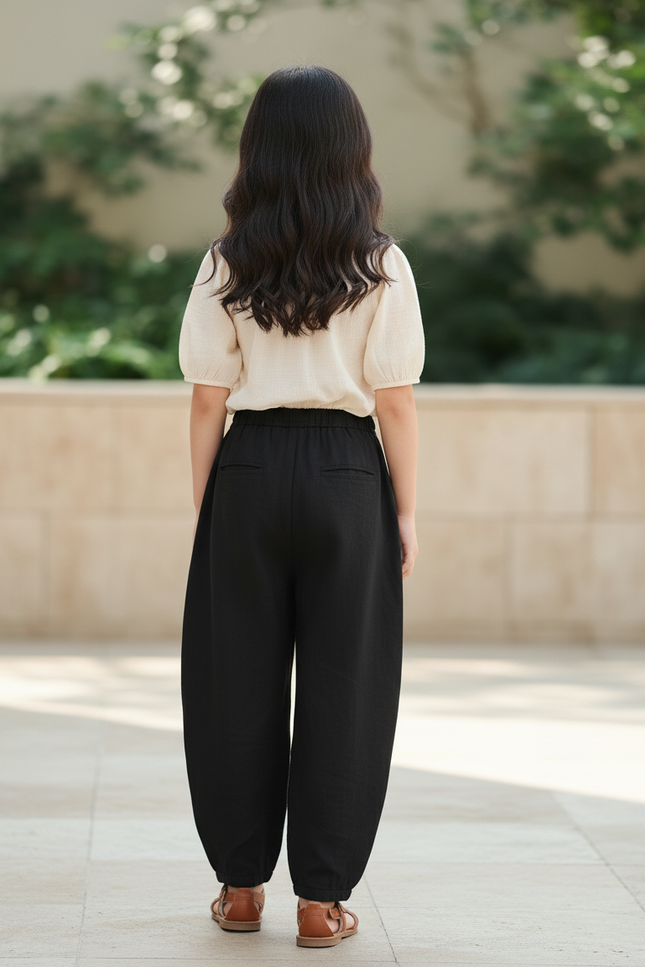 Pantalon En Lin Noir Ample Décontracté Enfant Fluide - vue 2