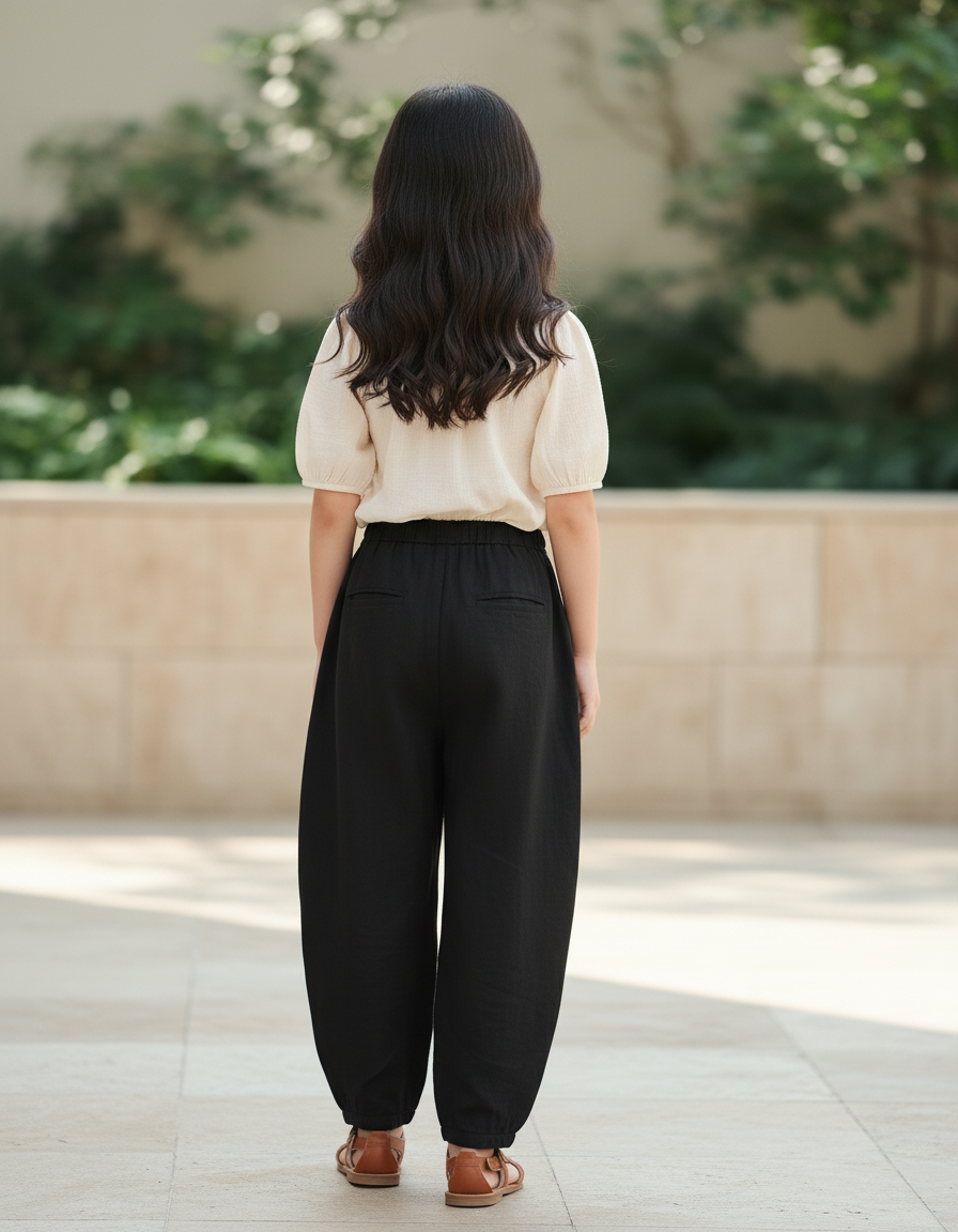 Pantalon En Lin Noir Ample Décontracté Enfant Fluide - vue 2