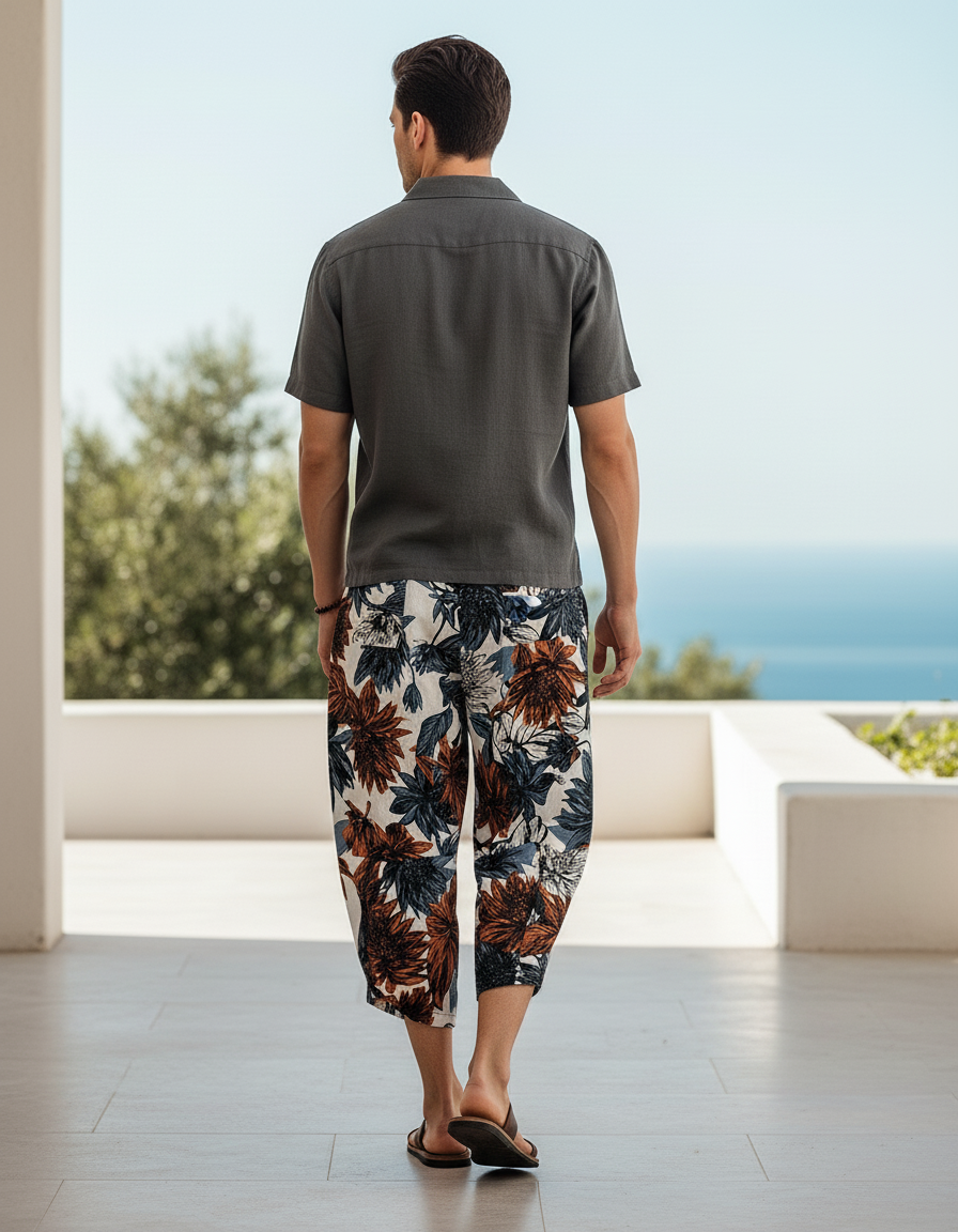 Pantalon En Lin Imprimé Fleuri Harem Ample Décontracté Homme - Multicolore - vue 2