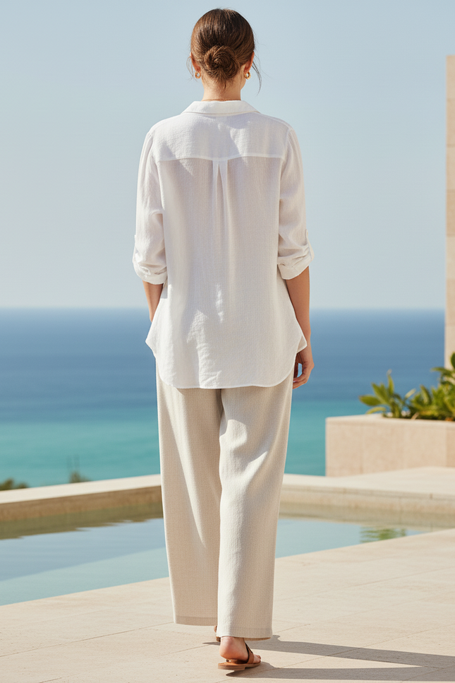 Pantalon En Lin Écru Ample Fluide Décontracté Femme - Beige - vue 2