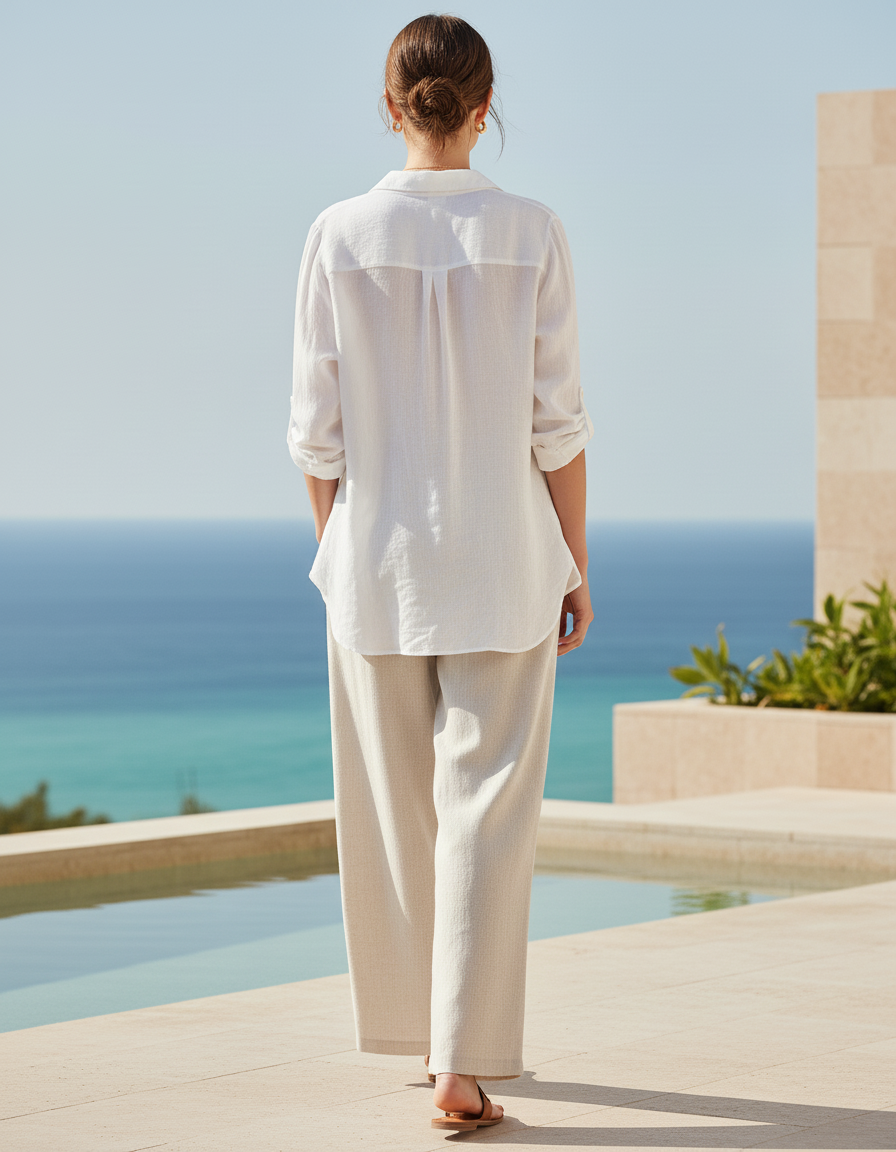Pantalon En Lin Écru Ample Fluide Décontracté Femme - Beige - vue 2