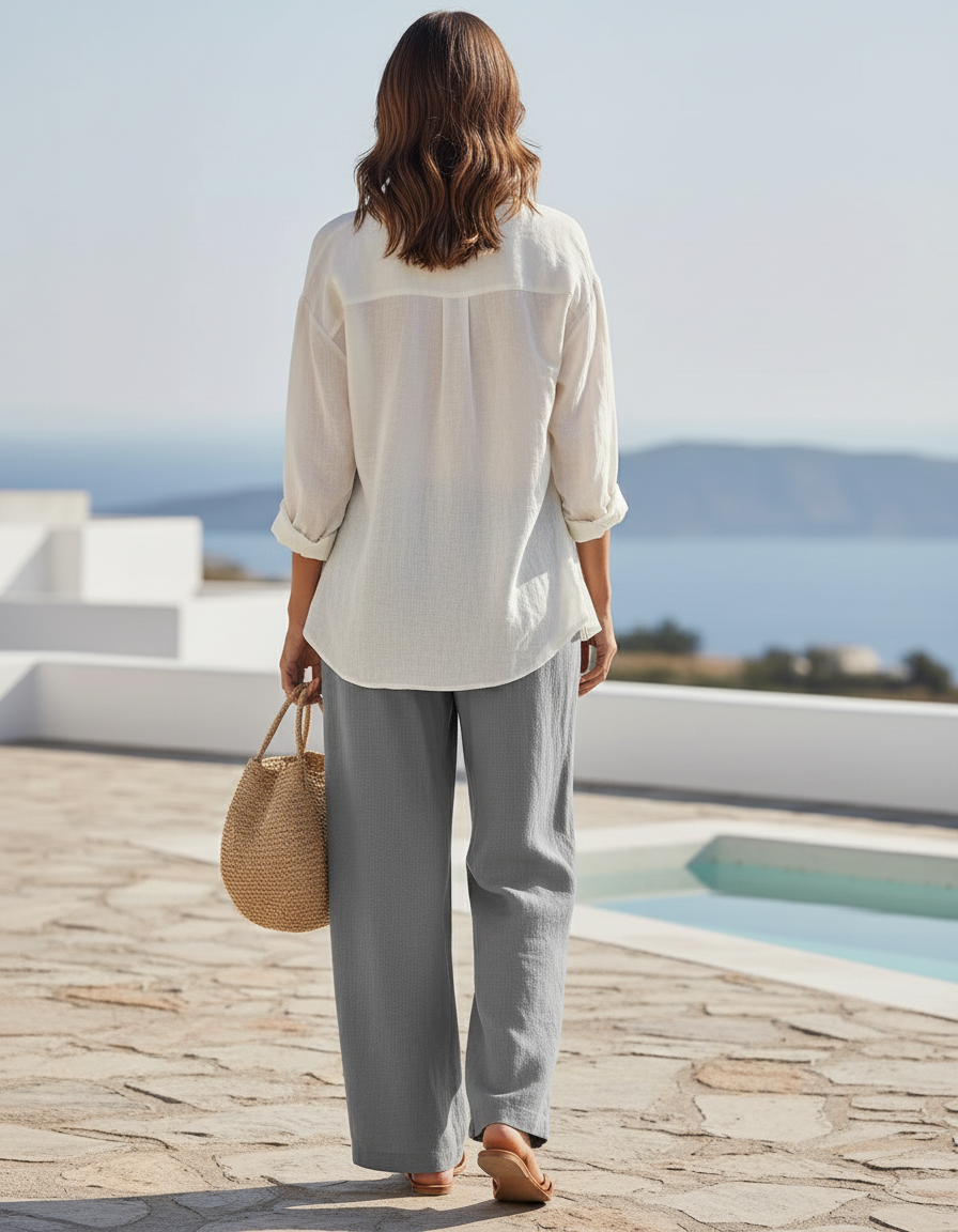 Pantalon En Lin Gris Ample Décontracté Fluide - vue 2