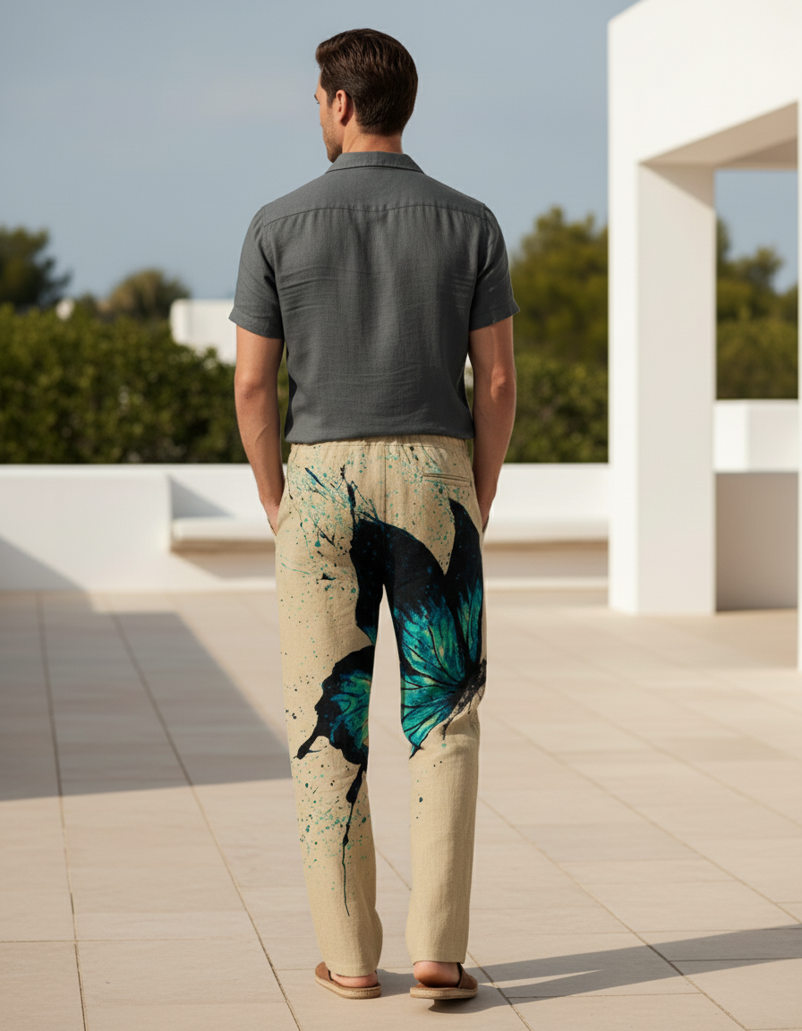 Pantalon En Lin Beige Ample Papillon Bleu Homme - vue 2