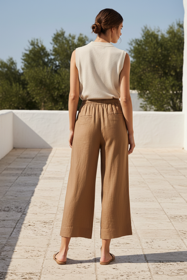 Pantalon En Lin Marron Ample Cordon Fluide Femme - vue 2