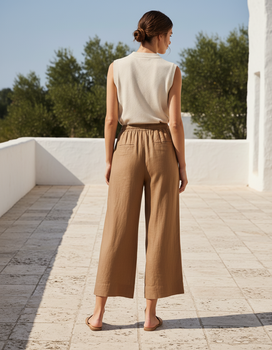 Pantalon En Lin Marron Ample Cordon Fluide Femme - vue 2