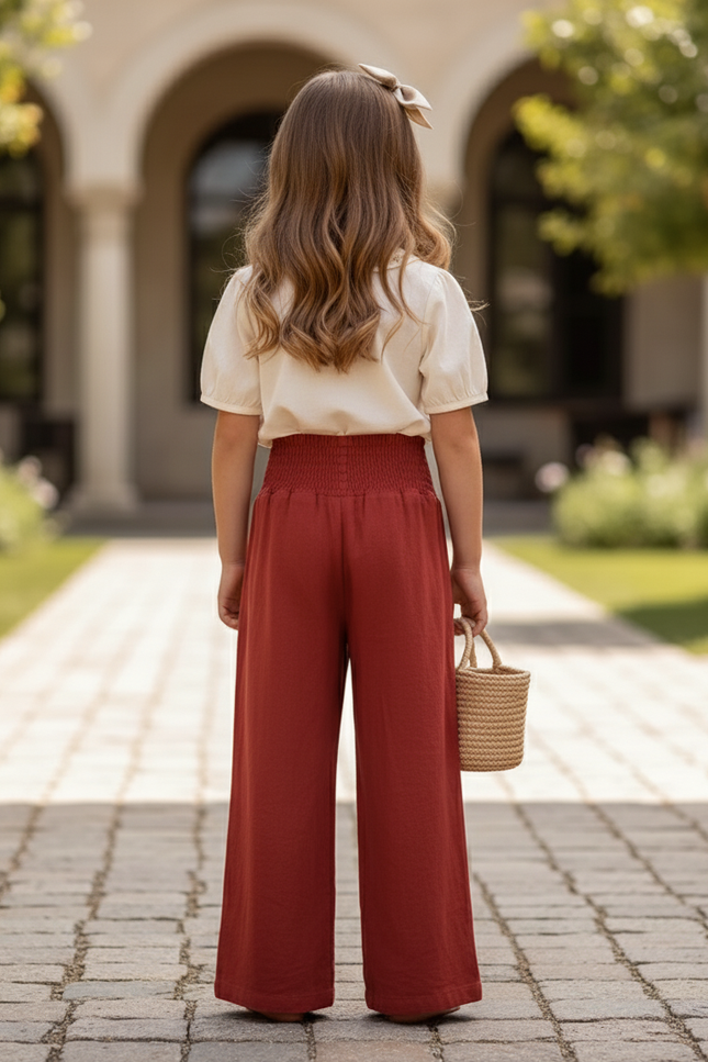 Pantalon En Lin Rouge Brique Ample Fluide Fille - vue 2