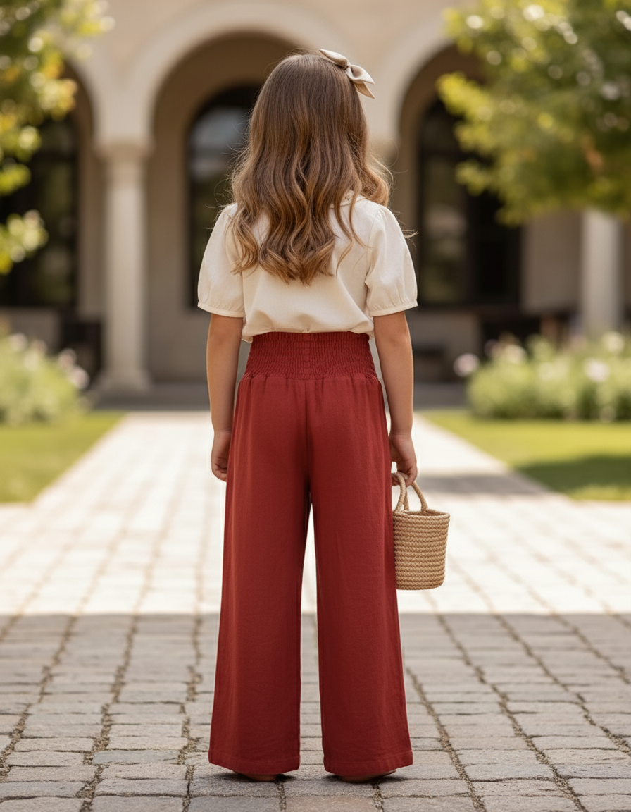 Pantalon En Lin Rouge Brique Ample Fluide Fille - vue 2