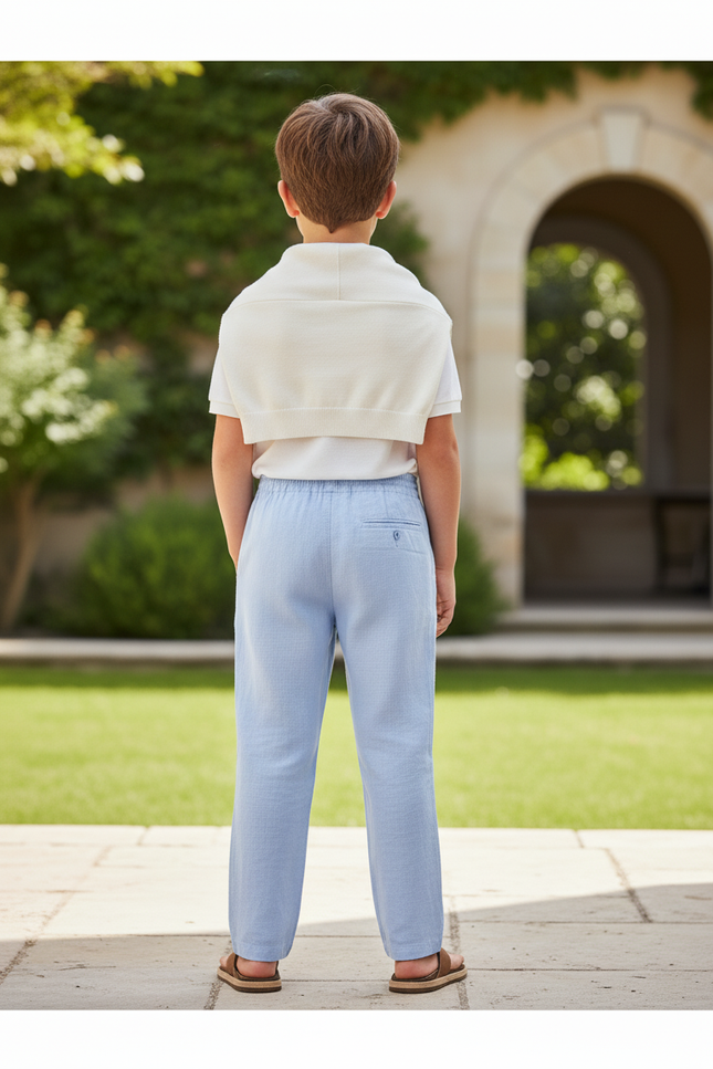 Pantalon En Lin Bleu Ciel Garçon Cordon Décontracté - vue 2