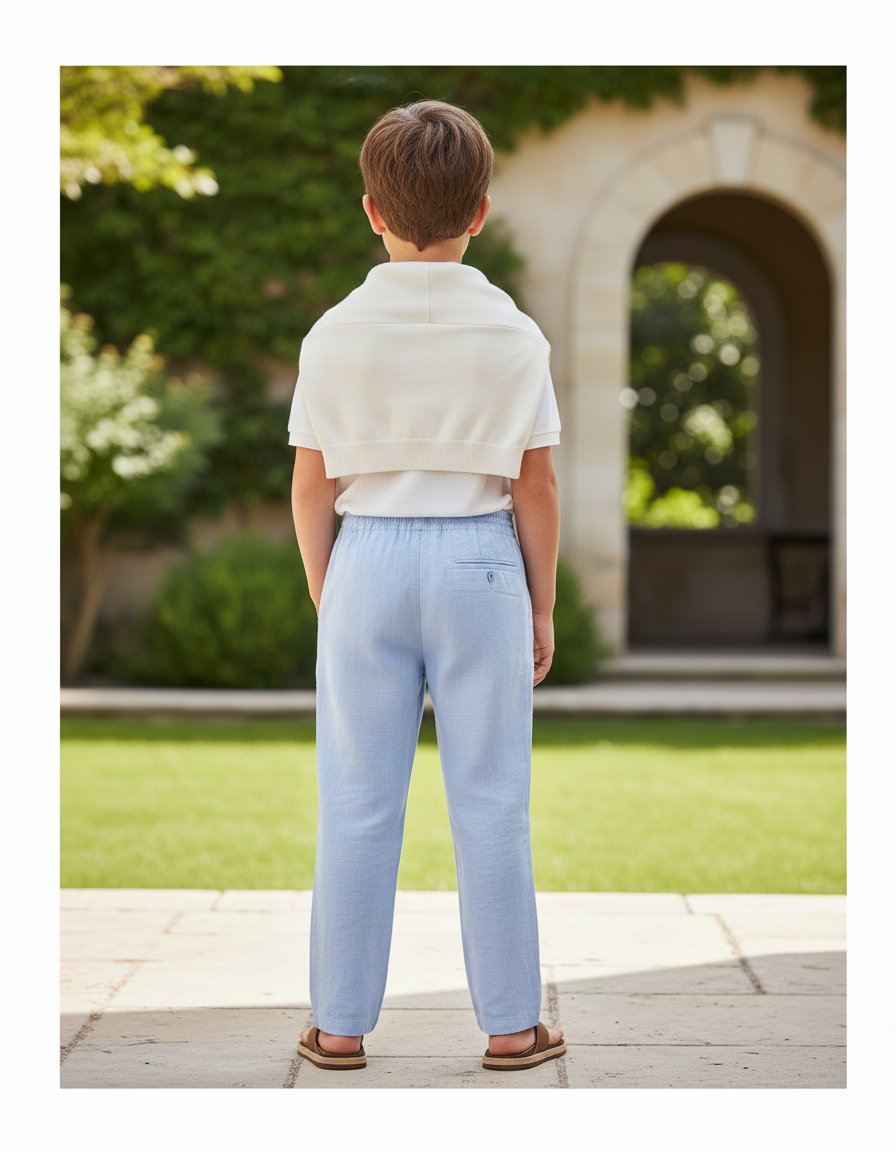 Pantalon En Lin Bleu Ciel Garçon Cordon Décontracté - vue 2