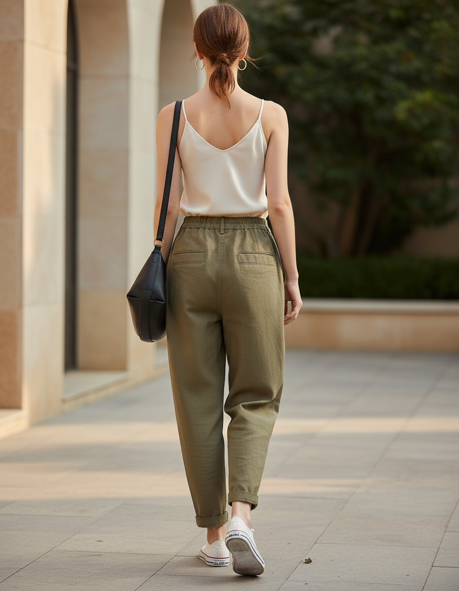 Pantalon En Lin Kaki Ample Décontracté Fluide Femme - vue 2