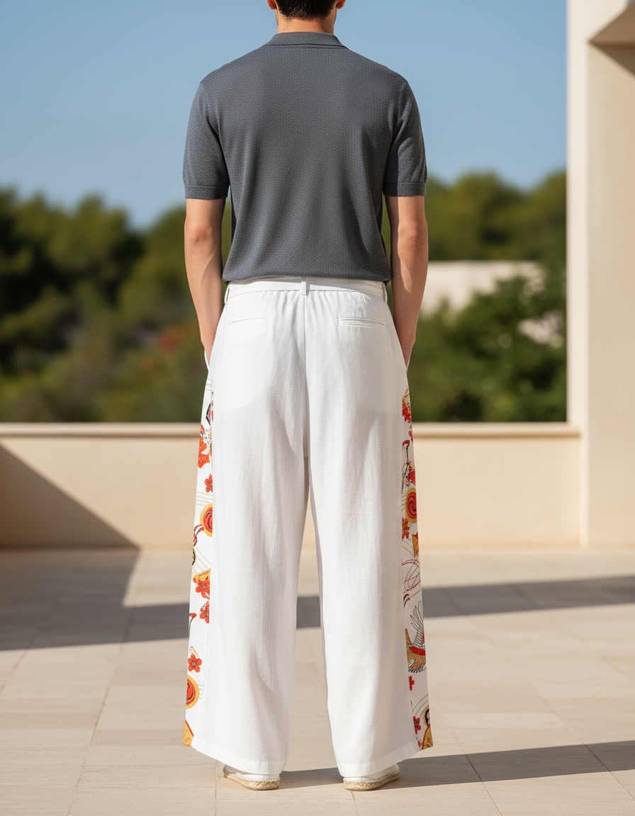 Pantalon En Lin Blanc Ample Motif Japonais Homme - vue 2