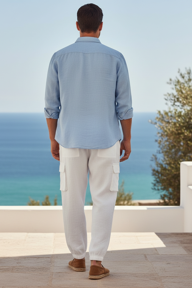 Pantalon En Lin Blanc Cargo Cordon Décontracté Homme - vue 2